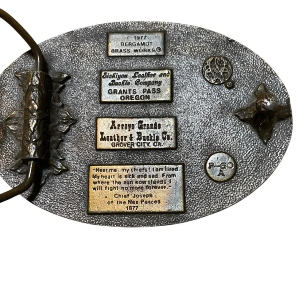 1977 Indian Chief Joseph On Horse Belt Buckle Bergamot Brass Works VTG Rare - Picture 2 of 3